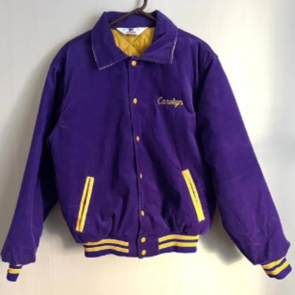 Vintage Wool Corduroy Insulated Varsity Jacket | Purple and Yellow | Size Large